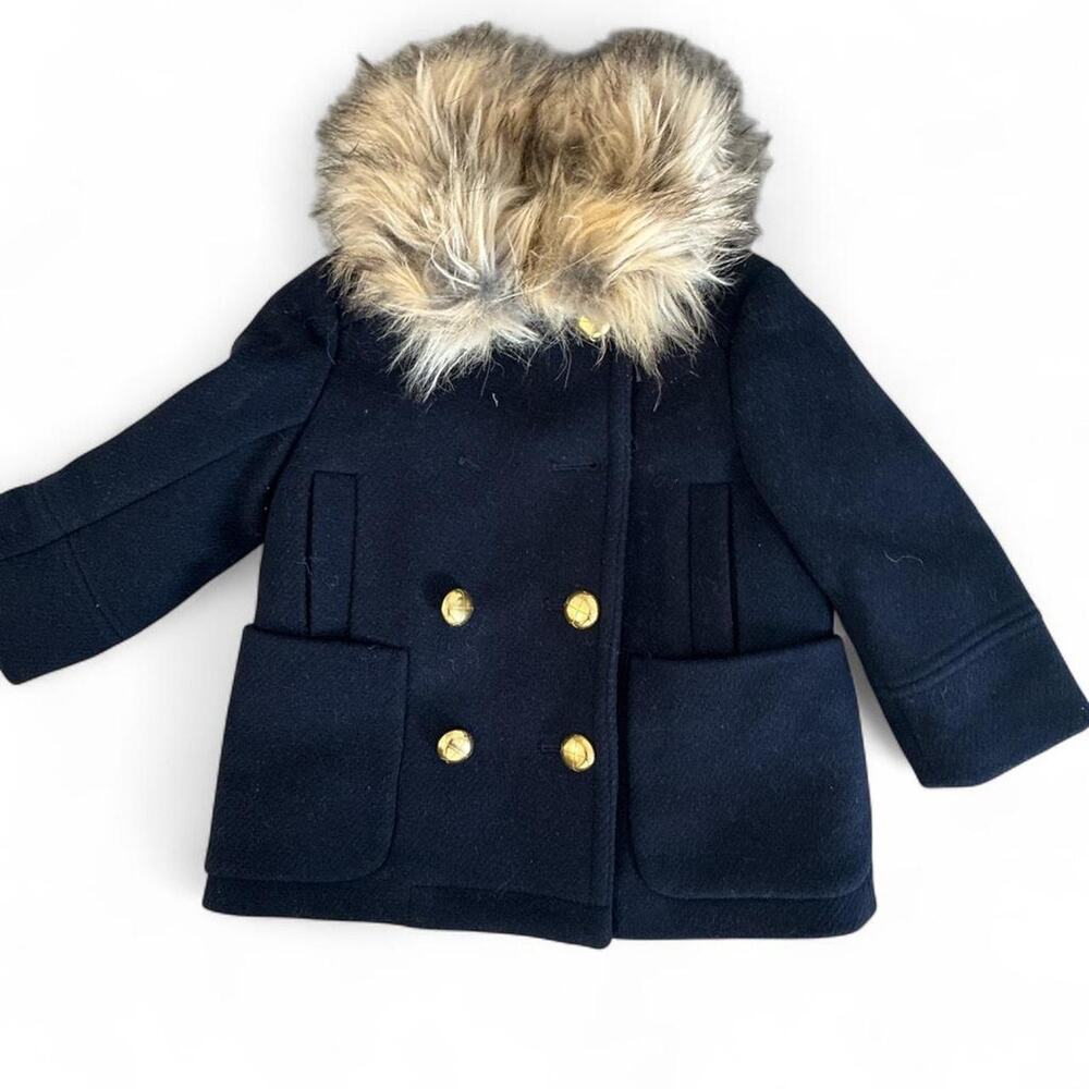 NWOT Crew Cuts Navy blue peacoat with fur collar Girl 2T